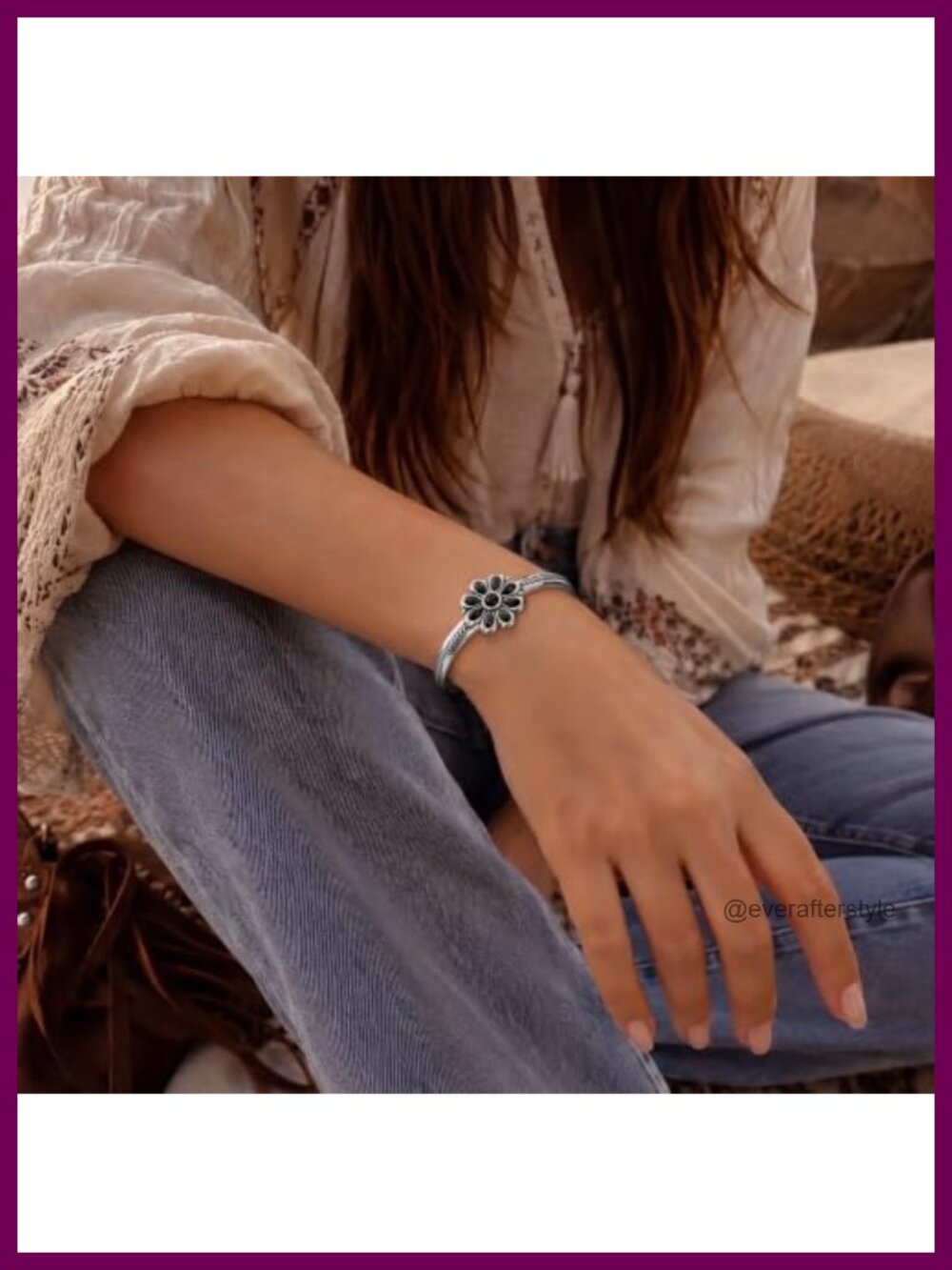 Turquoise Flower Cuff Bracelet Silver Plated Adjustable Western - Picture 3 of 6